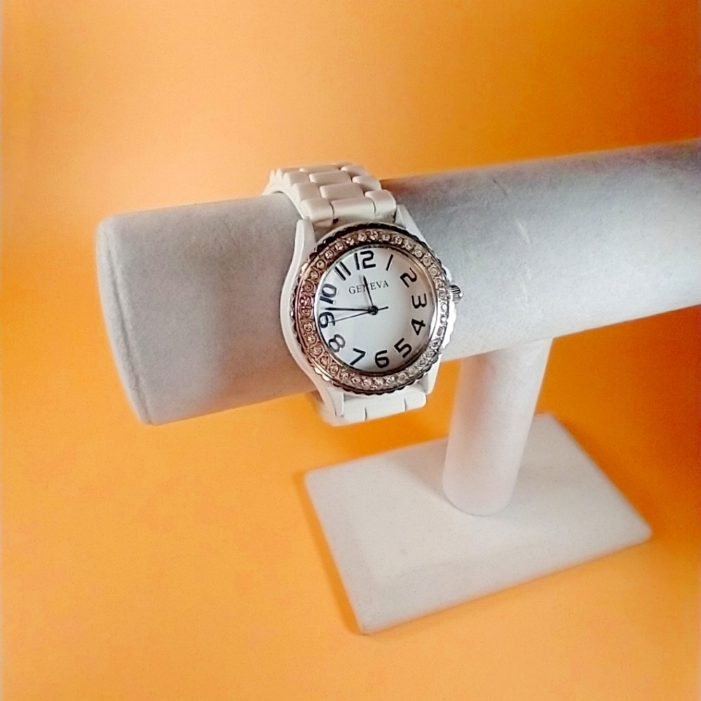 Geneva watch white silicone band Rhinestones